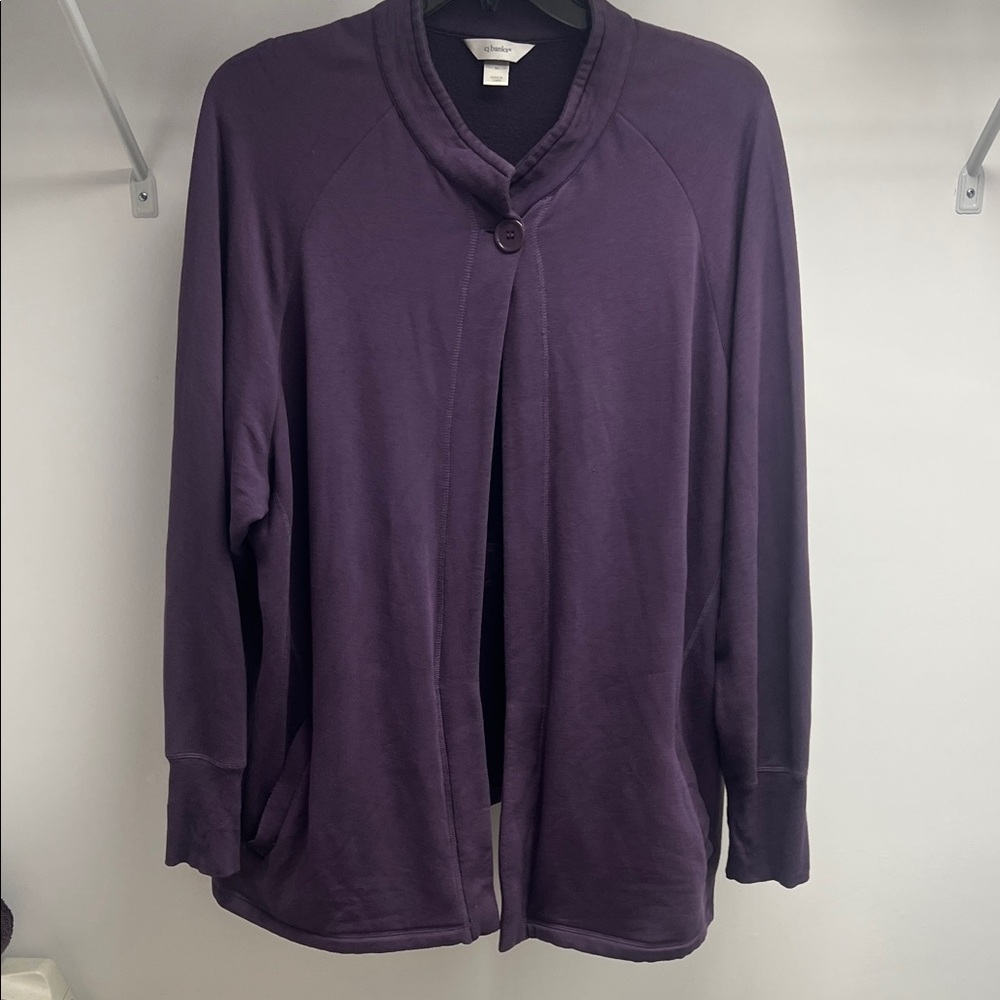 CJ Banks Deep Purple Single-Button Cape Cardigan
